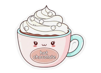 Cute Kawaii Hot Chocolate Cup Illustration with Whipped Cream, Marshmallows and "hot chocolate" Text