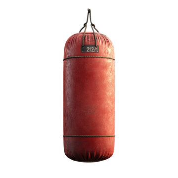 Red punching bag in worn leather texture with metal chain and tag in studio lighting for fitness training isolated on transparent background