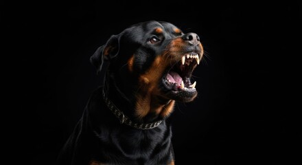 Fototapeta premium A close-up of an angry, snarling dog, showcasing teeth against a black background