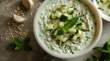 Overhead shot of tzatziki sauce in a white bowl with cucumber and mint garnish close up view