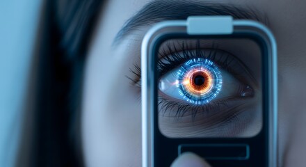 Close-up of a human eye being scanned by a biometric security device, representing iris recognition, digital identity verification, cybersecurity protection, advanced authentication technology