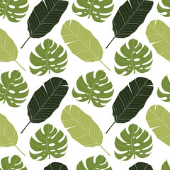 Fototapeta premium Tropical leaves seamless pattern with palm monstera and banana leaf. Vector hand drawn print for fabric, textile, wallpapers in green colors on transparent background.