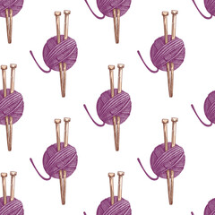 Hand drawn vintage seamless pattern of purple yarn balls with knitting needles, colored sketch