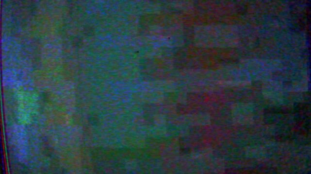 Computer screen background featuring software code with VHS TV damage, glitch distortion, and digital noise. A cyberpunk-style background, system error, data corruption, and cybersecurity concepts.