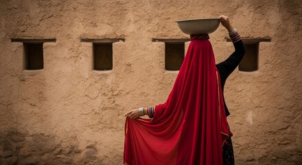 Rural woman wearing a flowing red traditional dress carrying a clay pot on her head against an earthen wall, symbolizing cultural heritage, village life, tradition, grace, resilience, and timeless 