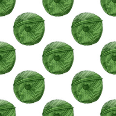 Hand drawn vintage seamless pattern of green yarn ball in engraving style
