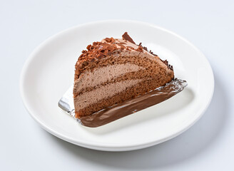Delicious chocolate cake slice on white plate with silver server