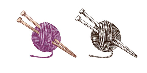 Hand drawn vintage sketch of yarn ball with knitting needles in purple and brown colors, color and monochrome set