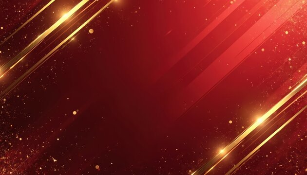 Rich crimson background with sparkling gold diagonal lines and dust particles. Elegant luxury abstract design for celebration events. Festive graphic art.