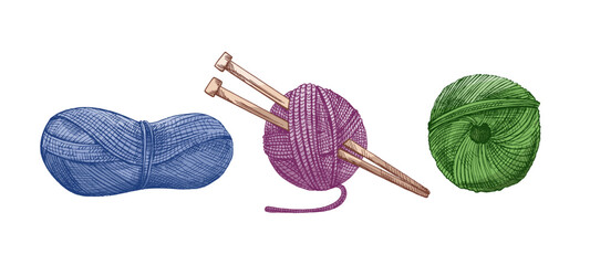 Hand drawn vintage sketch of colorful yarn balls and knitting needles in purple, green and blue shades