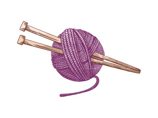 Hand drawn vintage sketch of purple yarn ball with knitting needles in pastel color, isolated vector illustration