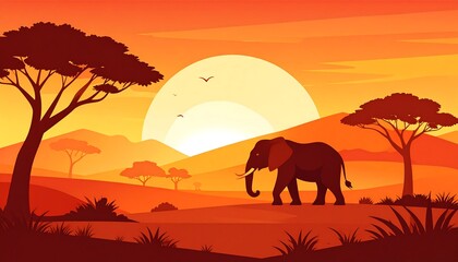 A vibrant sunset scene featuring an African elephant silhouette amidst rolling hills and iconic acacia trees. Birds fly overhead