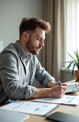 Fototapeta premium Bearded man plans work with pen on tablet and papers at desk. Adult studies charts, writes notes, looks thoughtful. Casual indoor scene, natural light, home office.