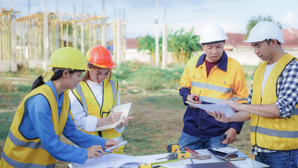 Male and female engineers who are Asian professionals in the construction industry focus on village design and architecture to create sustainable houses for people to rent and sell.