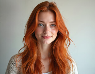 Fototapeta premium Young red haired woman smiles. Female founder shows innovation idea, startup success. Inventor creator works with new tech, achieves business goals. Woman has bright future.