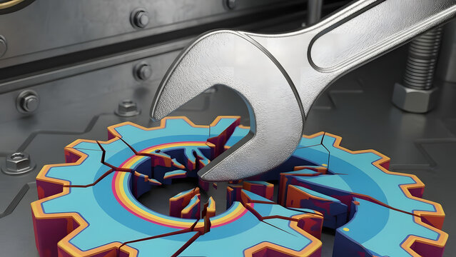 A wrench fixing the broken machine. The scene shows the concept of repairing, fixing problems with precision