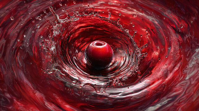 A mesmerizing close-up of a cranberry submerged in swirling liquid, with droplets creating a dynamic visual effect