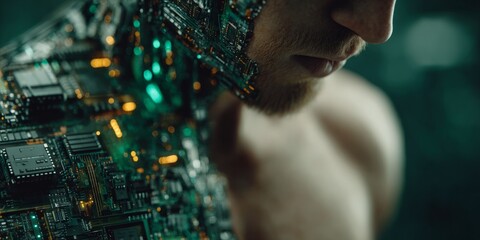 Futuristic human cyborg with exposed circuitry and digital face