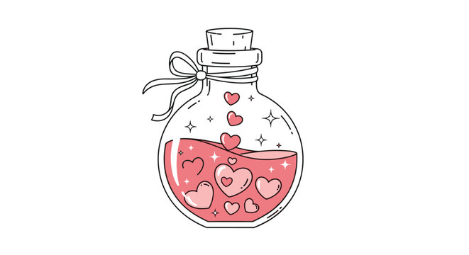 Whimsical drawing of a magic love potion bottle filled with pink liquid, sparkling hearts, and tied with a delicate ribbon.