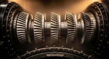 Illustration of closeup of industrial gear system with interlocking cogs and mechanical components