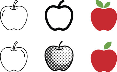 Apple illustration set, stylized fruit icons, black and red apple graphics, vector design variations, food clipart collection
