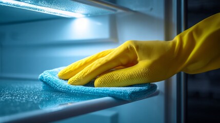 Hand in yellow glove cleaning fridge shelf with cloth