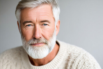 Mature man with gray hair and beard wearing cozy sweater indoors Generative AI