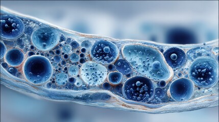 Microscopic cross-section of blue biological cells in tissue