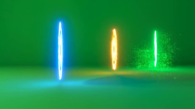 Blue, orange, and green magical runes effect animation rotating and forming on green background for chromakey