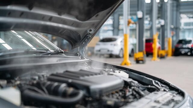 A car's engine is steaming with the hood open, indicating an overheating problem in a workshop.