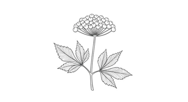 Detailed botanical line art illustration of a ginseng plant, showing the distinct leaves and a cluster of berries on the stem.