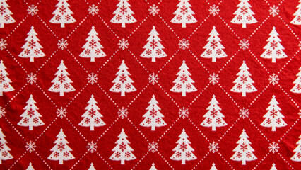 Red fabric with repeating white Christmas tree and snowflake pattern on a diamond grid background