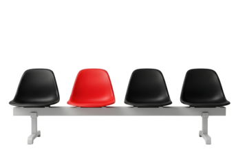 Row of red and black waiting room chairs on a metal bench isolated on transparent background