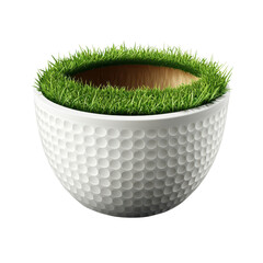 Golf Ball Shaped Planter with Fresh Green Grass in Modern Minimalist Design with Soft Natural Lighting for Home Decor isolated on transparent background
