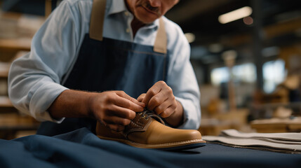 A craftsman hand-stitching premium leather onto a high-performance hybrid shoe that merges traditional artistry with modern cushioning technology. cinematic color correction, natural uneven