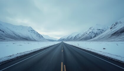 Empty asphalt road with yellow lines stretches through vast snow covered valley between tall, majestic mountains under cloudy sky. Scene evokes sense of isolation, adventure. Journey into winter