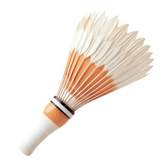 Shuttlecock in orange and white feathers with black band on white handle in soft natural lighting for sports equipment advertising isolated on transparent background