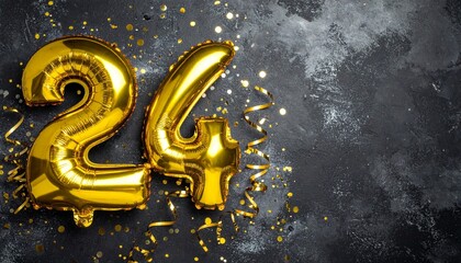 Gold Foil Balloons “24” with Confetti – Festive Image for 24th Birthday or Anniversary Celebration