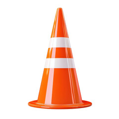 Traffic cone in bright orange with reflective white stripes in studio lighting on white background for safety signage isolated on transparent background
