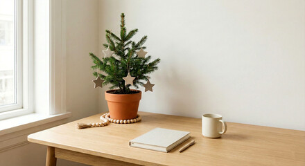Small Potted Christmas Tree with Star Ornaments and Wooden Beads on a Desk small tree potted tree