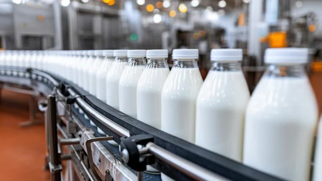 Bottles of milk moving on a conveyor belt in a food processing plant.