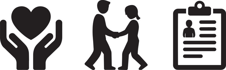 Hands holding heart and couple shaking hands icon on checkered background