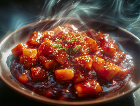 Close-up of Tteokbokki in a dark bowl, with wisps of steam rising. Spicy Korean rice cakes covered in a rich red sauce and sesame seeds.