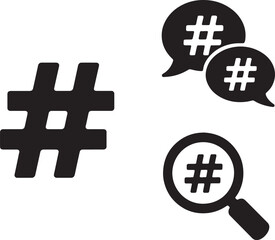 Hashtag social media icons magnifying glass speech bubbles on transparent background
