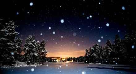 Snowy Night Landscape with Falling Snow and Starry Sky Over a Village winter