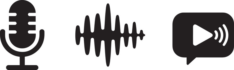 Microphone sound wave and video play button in speech bubble icons vector