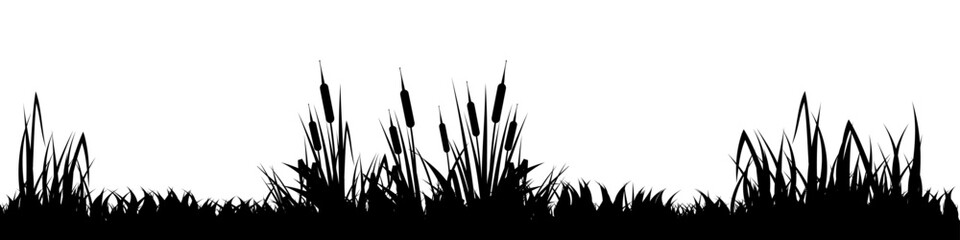 Obraz premium Meadow silhouette with grass, plants on plain. Panoramic summer lawn landscape with herbs, various weeds. Herbal border, frame element. Black horizontal banners. Vector illustration