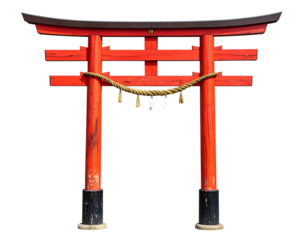 Traditional red shrine gate with rope and bells, isolated