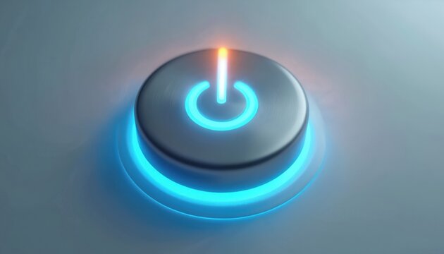 Silver power button glows blue and orange on a clean surface. This button signifies start stop energy and technology. The symbol is for activating or deactivating devices. - Powered by Adobe