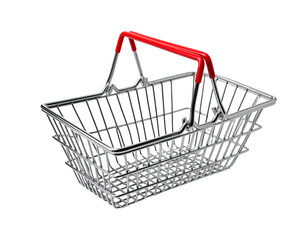 Shiny metal shopping basket with red handle, isolated